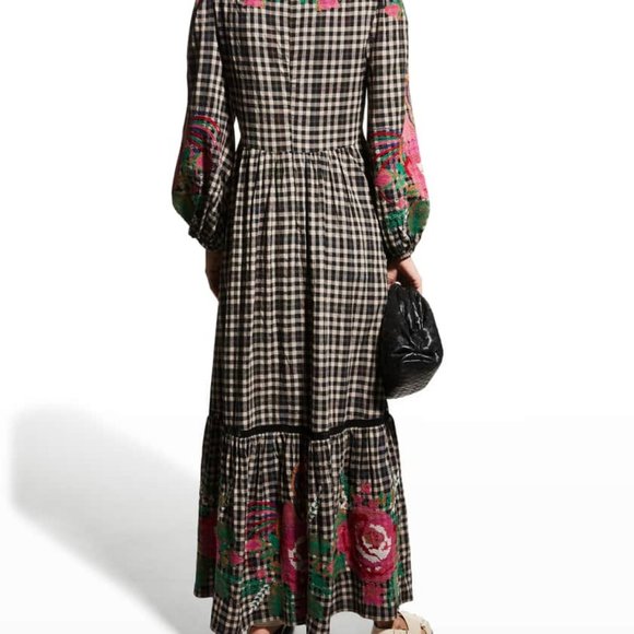 Rooster Cross-Stitch Embroidered Gingham Maxi Dress - Picture 2 of 3